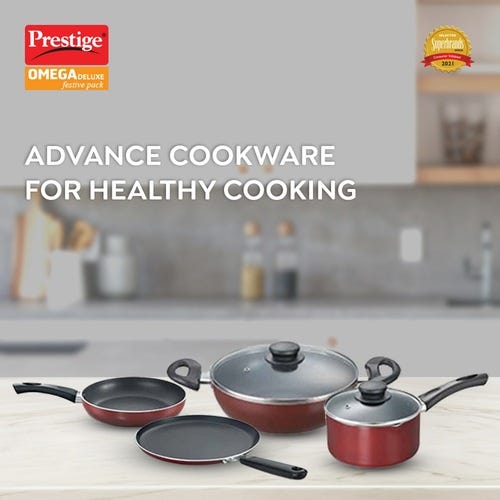 Prestige Omega Deluxe Festive Pack 4 Pc Set (Omni Tawa- 28 cm, Fry Pan- 24 cm, Kadai- 24 cm & Milk Pan- 16 cm)