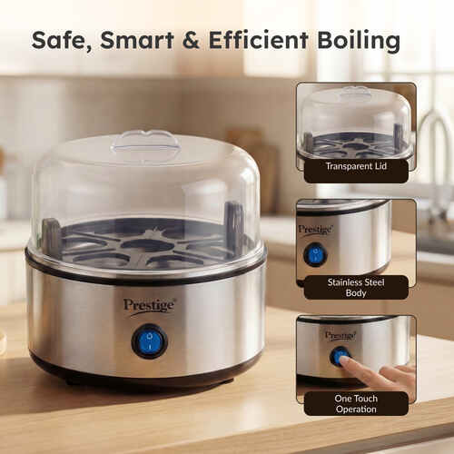 Prestige PEB 01 Egg Boiler (7 Egg Capacity)| 3 Boiling Modes| Auto- Switch Off| Stainless Steel Body|One Touch Operation| Customizable Boiling Level| Measuring Cup Inside| 7 Eggs at a Time|Silver