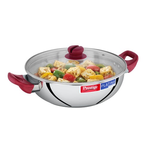 Prestige Platina Popular Stainless Steel Unique Impact Forged Bottom Kadai with Toughened Glass Lid, 28cm (4.6 L)  (Silver)