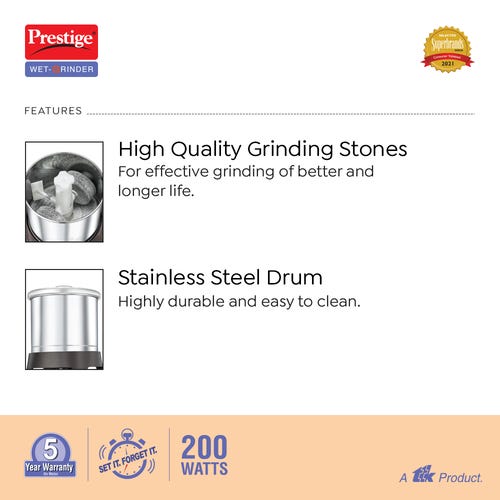 Prestige Vertical Wet Grinder with Stainless Steel Drum 200 W (Black & Orange)
