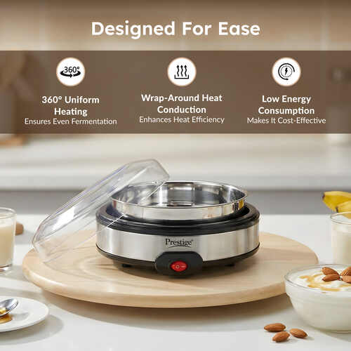 Prestige PYM 02 Electric Yoghurt Maker with Storage Lid| Stainless Steel Inner Pot| Low Energy Consumption| 360 Degree Uniform Heating