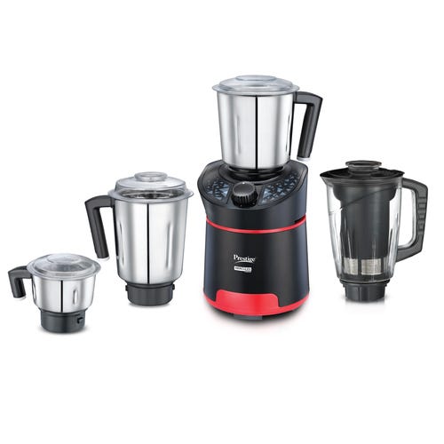 Prestige 1000 Watts Hercules with 4 Jars (3 Stainless Steel Jars + 1 Juicer Jar)| Juicing and Blending Jar with Sieve| Pure Copper Motor| Flow-Breaker Design |4 Super Efficient Blades| Red and Black