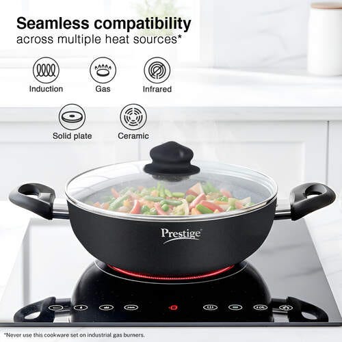 Prestige Omega Deluxe Granite 3 Piece non-stick BYK cookware set (Aluminum)|Contains Fry Pan (24cm), Omni Tawa(28cm), Kadai with lid(24cm)|Black