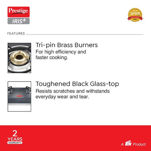 PRESTIGE IRIS PLUS LP GAS STOVE GTI-02+ (WITH POWDER COATED BODY, GLASS TOP AND 2 UNIT BRASS BURNERS)