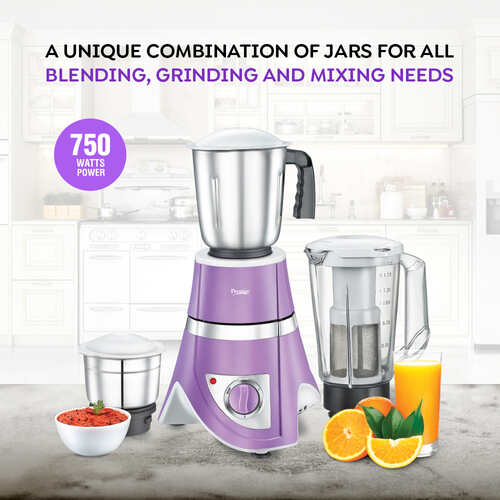 Prestige 750 Watts Zenith Blender Mixer Grinder with 3 Jars (2 Stainless Steel Jars + 1 Jucier Jar)| Flow Breaker Design| Juicer Extractor Jar| Compact Design| Purple