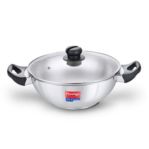 Prestige Platina Popular Stainless Steel Unique Impact Forged Bottom Kadai with Glass Lid 24cm (2.8 L) (Silver)