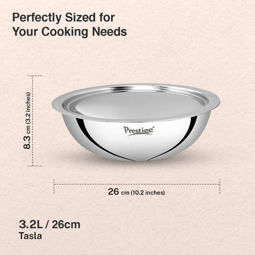 Prestige 26cm/3.2L Tri-Ply Stainless Steel Splendid Tasla with Lid|Gas and Induction Compatible|Even Heat Distribution| Thick Gauge Tri-Ply Body|15 Year Warranty