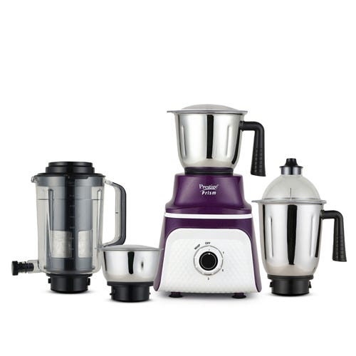 Prestige 750 Watts Prism Mixer Grinder with 4 Jars (3 Stainless Steel Jars + 1 Juicer Jar)| LED Power Indicator|Flow Breaker Design|Juicer Extractor Jar| Purple and White