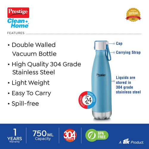 Prestige PDWBC 03 Stainless Steel Water Bottle, 0.75L (Assorted) - Pack of 1