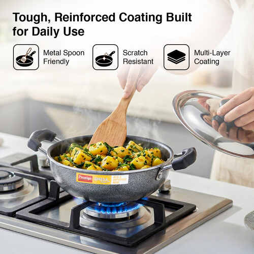 Prestige Omega Select Plus Aluminium Flat Base Non-Stick Coating Kadai with SS Lid, 20cm (Black)