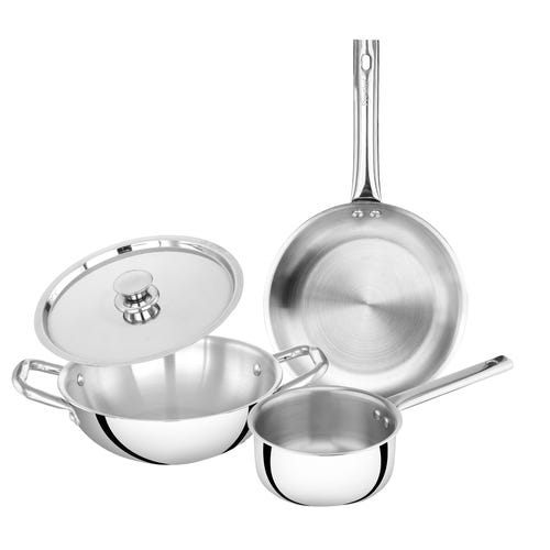 Prestige TRIPLY 4 Pc Cookware Set | TRIPLY Splendid | Fry Pan 22cm/1.2L | Kadai 22cm/2.1L | Saucepan 14cm/1L | SS Lid 24cm | Gas & Induction Compatible | Even Heat Distribution | 15Y Warranty | ISI