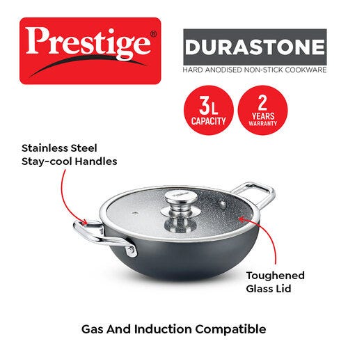 PRESTIGE DURASTONE HARD ANODISED NON-STICK COOKWARE DEEP KADAI 24cm (3 LITRE) WITH GLASS LID