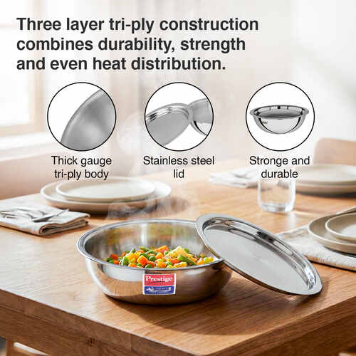 Prestige 22cm/2.1L Tri-Ply Stainless Steel Splendid Tasla with Lid|Gas and Induction Compatible|Even Heat Distribution| Thick Gauge Tri-Ply Body|15 Year Warranty