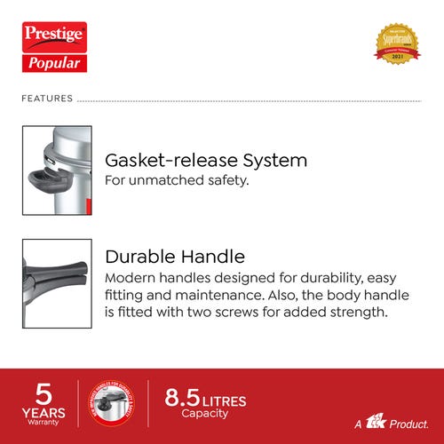 Prestige Popular Virgin Aluminium Precision Weight Valve Pressure Cooker, 8.5 L (Silver)