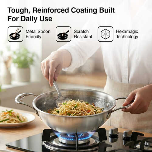 Prestige TRIPLY HexaMagic Kadai 20cm/1.6L | Durable Honeycomb Non-Stick Structure | Low Oil Consumption | Metal Spoon Friendly | Gas & Induction Compatible | 15Y Product & 3Y Coating Warranty| ISI