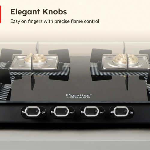 Prestige Vectra 4 Burner Glasstop Gas Stove|Superior Toughened Glass|Jumbo Brass Burner|3-Way Gas Inlet|360 Degree Revolving Nozzle|10 Years Warranty on Glass|Black