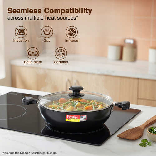 Prestige Hard Anodised Plus Gas and Induction Compatible Kadai with Glass Lid, 24 cm, Black