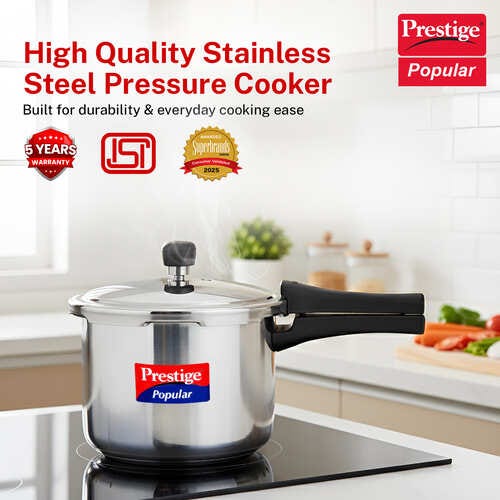 Prestige 3 Litre Stainless Steel Popular Outer Lid Pressure Cooker | TRIPLY Base | Gas & Induction Compatible | Gasket Release System | Metallic Safety Plug | 5Y Warranty | ISI Certified