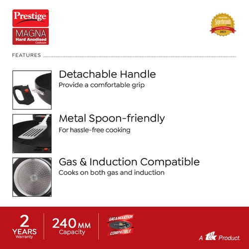 Prestige Hard Anodised Cookware with Detachable Handle Kadai with Glass Lid, 24cm (2.5L) (Black)
