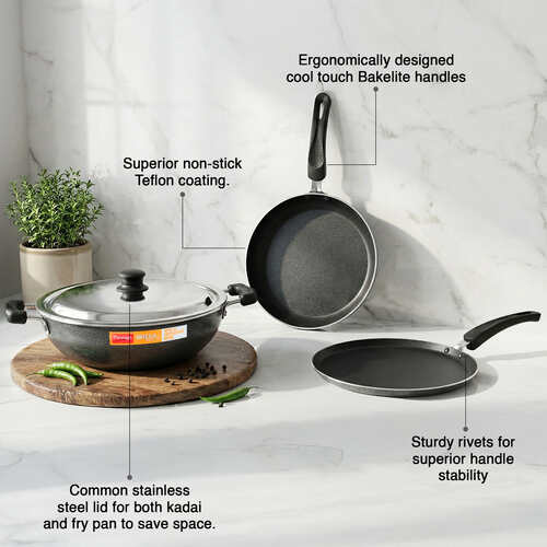 Prestige Omega Select Plus Non-stick Kitchen Set (Omni Tawa 27.5cm, Fry Pan 25cm, Kadai with Lid 25cm) (Black)