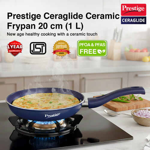 Prestige Ceraglide Ceramic Coated 20 cm Non-Stick Fry Pan | Consumes Less Oil | PreferredFor High Heating & Even Heating | Stain-Resistant | Gas & Induction Compatible | No Harmful Chemicals