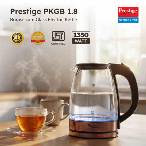 Prestige PKGB 1.8 Litre Electric Glass Kettle| LED Power Indicator| Borosilicate Glass| Automatic Power Cut-Off| Concealed Element| 360 Degree Swivel| Cool Touch Handle