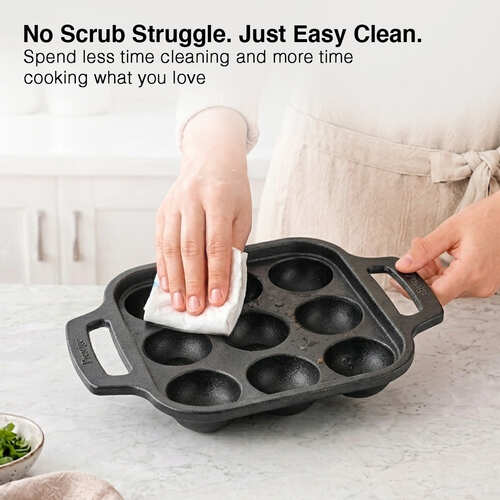 Prestige Cast Iron Paniyarakkal/Appe Patra 9 pit | Ferrocast Flo | Non-Stick | Gas & Induction Compatible | Chemical Free | Preseasoned | Sturdy Handle | Healthy Eating | Lifetime Warranty
