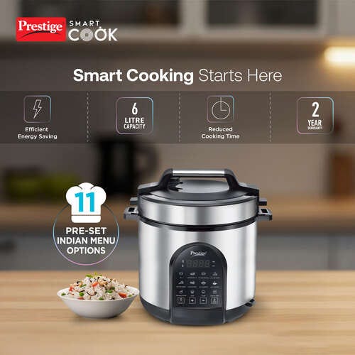 Prestige 6.0L Smart Cook Electric Cooker| 11 Pre-Set Indian Menu| Low Energy Consumption| Stainless Steel Bowl