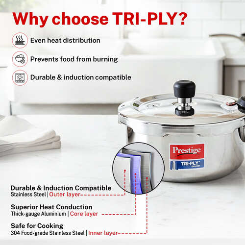 Prestige Svachh Triply Outer Lid Pressure Cooker with Unique Deep Lid for Spillage Control, 2 Litre, Silver