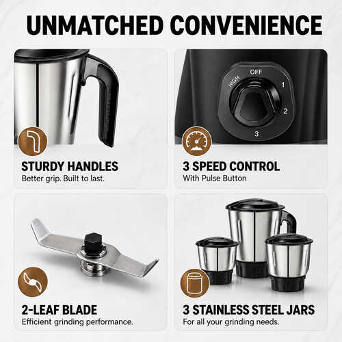Prestige Elliot 750 Watt 3 Jar Mixer Grinder | Hybrid Copper Motor | 3 Speed Control with Pulse Function | 3 Stainless Steel Jars| Sturdy Ergonomic Handles| 2Y Warranty | ISI Certified