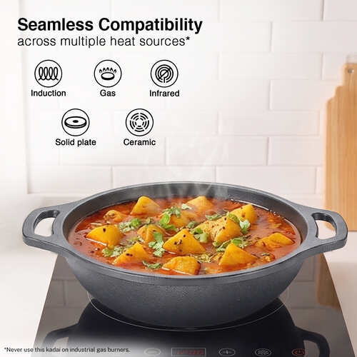 Prestige Cast Iron Kadai 24cm/2L | Ferrocast Flo | Non-Stick | Chemical Free | Preseasoned | Sturdy Handle | Healthy Eating | Gas & Induction Compatible | Lifetime Warranty