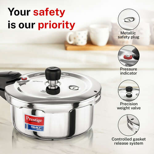 Prestige Svachh Triply Outer Lid Pressure Cooker with Unique Deep Lid for Spillage Control, 2 Litre, Silver