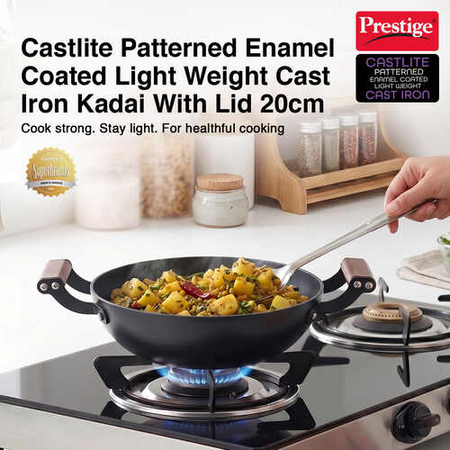 Prestige Castlite Patterned Enamel Coated Cast Iron Kadai | High Heat Retention, Rust-Proof | Gas & Induction Compatible | Low-Oil Cooking | Stay-Cool Handles | Easy Clean | 15Y Warranty