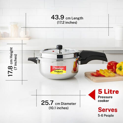 Prestige 5 Litre Stainless Steel Deluxe Alpha Svachh Outer Lid Deep Pressure Pan Cooker | 10Y Warranty | Deep Lid for Spillage Control | TRIPLY Base | GRS | Gas & Induction Compatible | ISI