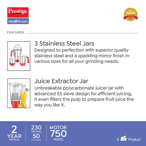 Prestige 750 Watts Nakshatra Super Mixer Grinder with 4 Jars (3 Stainless Steel Jars + 1 Juicer Jar)| Sturdy Handles| Juicer Jar with Sieve|Red and Black