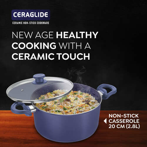 Prestige Ceraglide Ceramic Coated 20cm Non-Stick casserole with glass lid | Consumes Less Oil|Preferred For High Heating & Even Heating|Stain-Resistant|Gas & Induction Compatible|No Harmful Chemicals