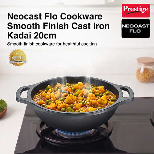 Prestige Cast Iron Kadai 20cm/1L | Neocast Flo | Non-Stick | Chemical Free | Preseasoned | Sturdy Handle | Healthy Eating | Gas & Induction Compatible | Lifetime Warranty
