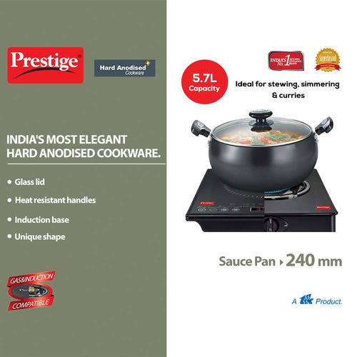 Prestige Hard Anodised Plus Gas and Induction Compatible Sauce Pan with Glass Lid, 24cm (Black)