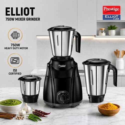 Prestige Elliot 750 Watt 3 Jar Mixer Grinder | Hybrid Copper Motor | 3 Speed Control with Pulse Function | 3 Stainless Steel Jars| Sturdy Ergonomic Handles| 2Y Warranty | ISI Certified
