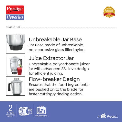 Prestige 750 Watts Hyperius Purpose Mixer Grinder with 4 Jars | Unique Fail-Safe Couplers| Kneading & Chopping Jar| Juicer Extractor Jar| Compact Design| Black