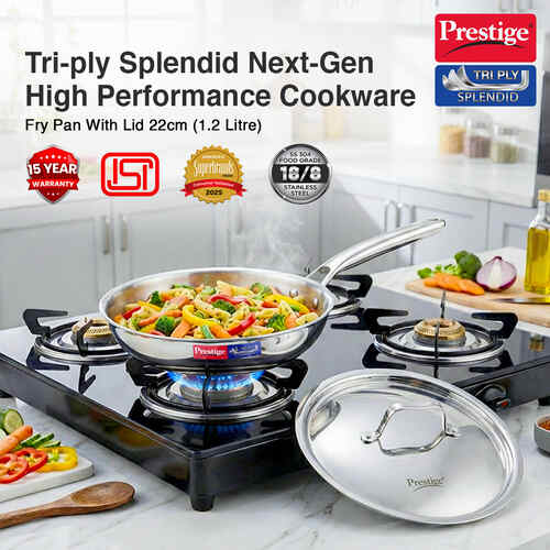 Prestige 22cm/1.0L Tri-Ply Stainless Steel Splendid Fry Pan with Lid|Gas and Induction Compatible|Even Heat Distribution| Thick Gauge Tri-Ply Body|15 Year Warranty