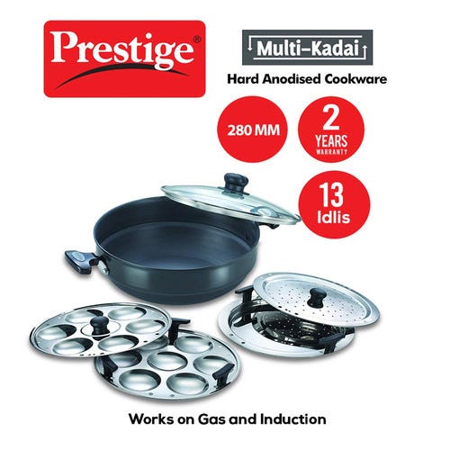 Prestige Hard Anodised Induction Base Multi-Kadai with Glass Lid (Dhokla Plate, Patra Plate, Idli Plates), (Black)