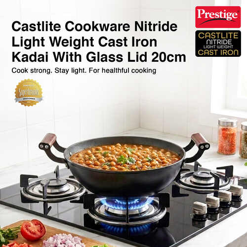 Prestige Lightweight Cast Iron Kadai 20cm/1.4L with Glass Lid | Castlite Series | High Heat Retention & Rust-Proof | Enamel Coated | Gas & Induction Compatible | 15Y Product Warranty