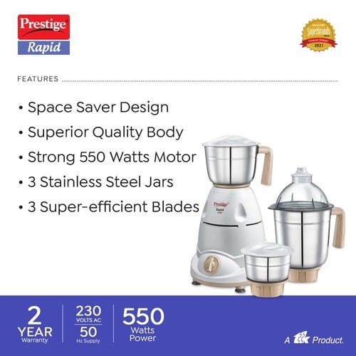 Prestige Rapid 550 W Mixer Grinder, 3 Jars (1400 ml, 1000 ml, 400 ml) (Off-White, Silver)