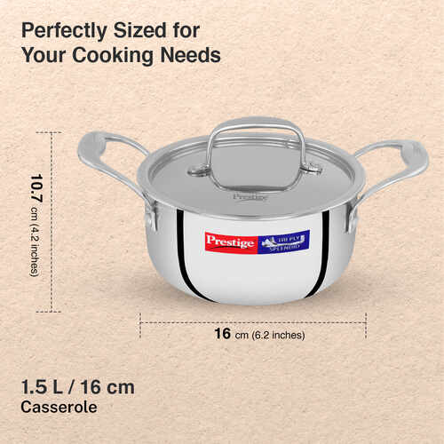 Prestige 16cm/1.5L Tri-Ply Stainless Steel Splendid Casserole| Gas and Induction Compatible |Even Heat Distribution| Thick Gauge Tri-Ply Body| Perma Cool Handles|15 Year Warranty
