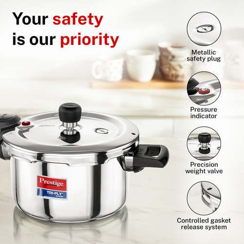 Prestige Svachh Triply Outer Lid Pressure Cooker with Unique Deep Lid for Spillage Control, 5 Litre, Silver