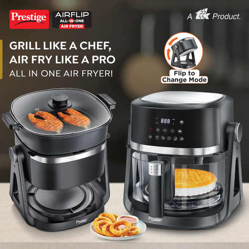 Prestige AirFlip 4.5L Air Fryer | Dual Mode - Air Frying & Grilling | 360° View Glass Basket | 80% less Oil Consumption | 5 Preset Menu | 1500 Watts |  Easy to Clean |  1Y Warranty | ISI Certified