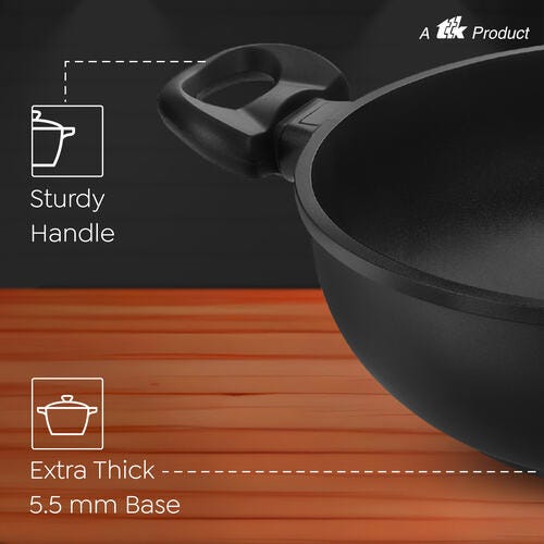 Omega Die-Cast Plus Aluminium Non-Stick Kadai with Glass Lid