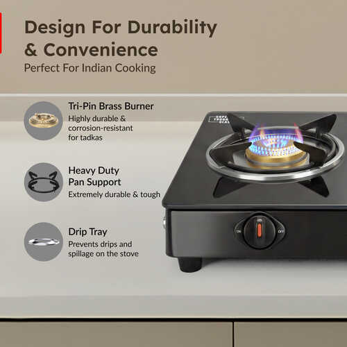 Prestige Efficia LP Gas Stove with Powder-Coated Body, Glass Top & 3 Brass Burners