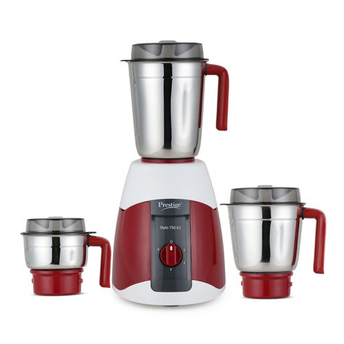 Prestige 750 Watts Stylo V2 Mixer Grinder with 3 Stainless Steel Jar| Ergonomic Design| See-Through Lids|Sturdy Handles| Durable Body| Red and White